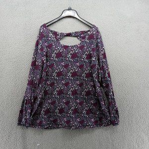 Talbots Shirt Womens 2X Purple Floral‎ All Over Print Twist Keyhole Long Sleeve